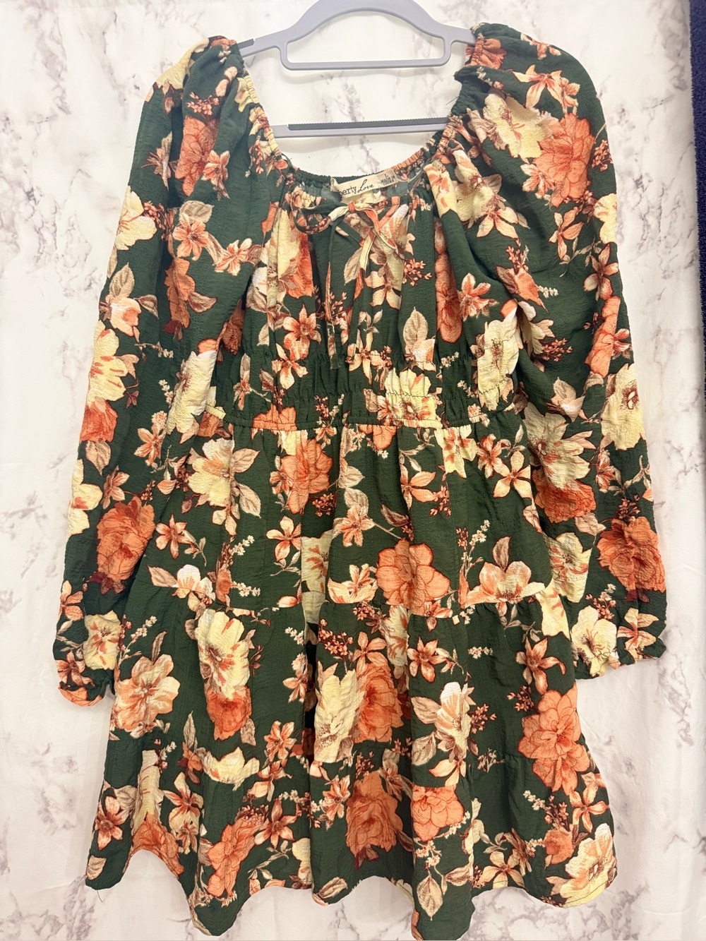 Liberty Love Green Floral Dress with Orange & Cream Accents